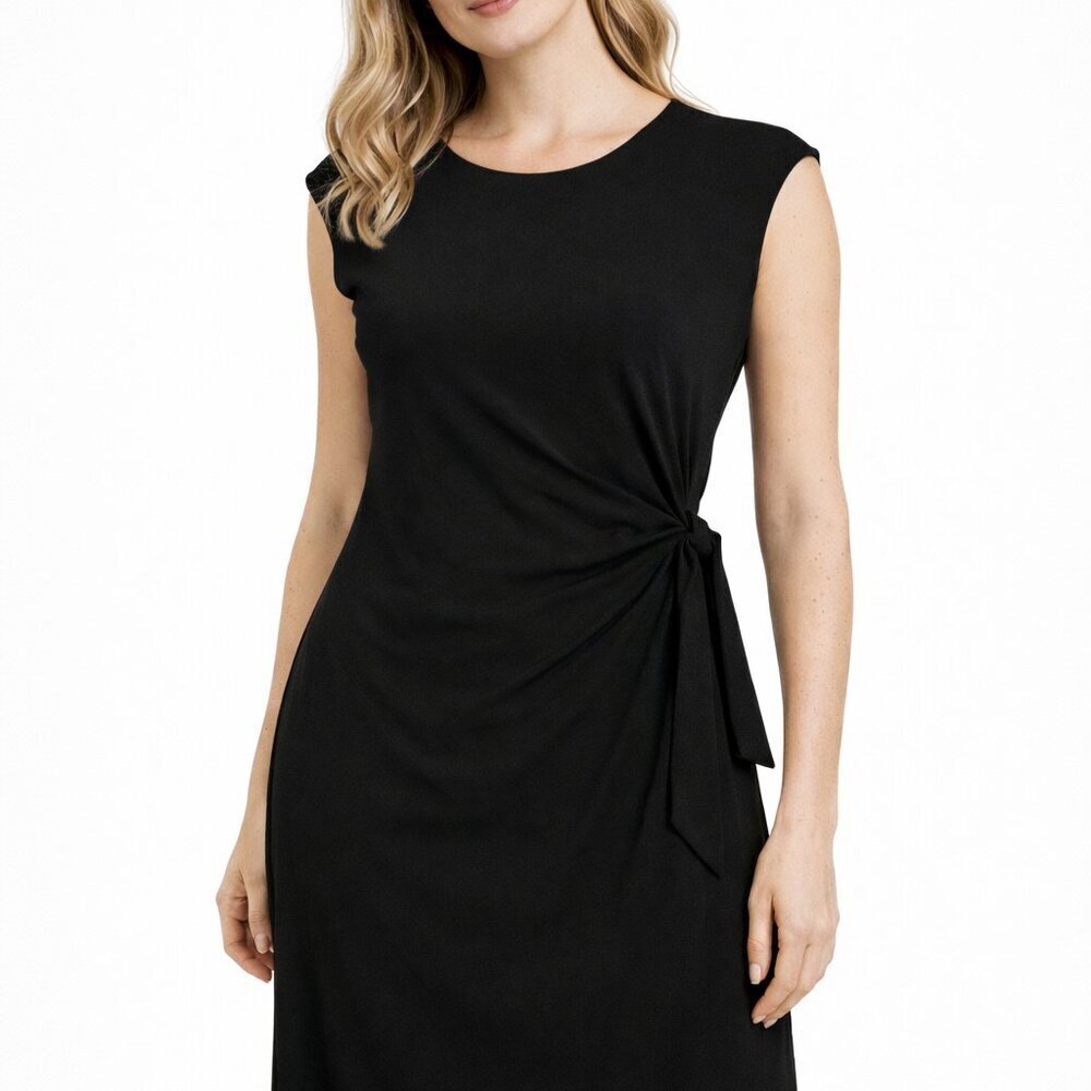 Clara Sun Woo Sheath Dress Black Faux Wrap Size Small Ruched Minimalist Capsule - Picture 9 of 9